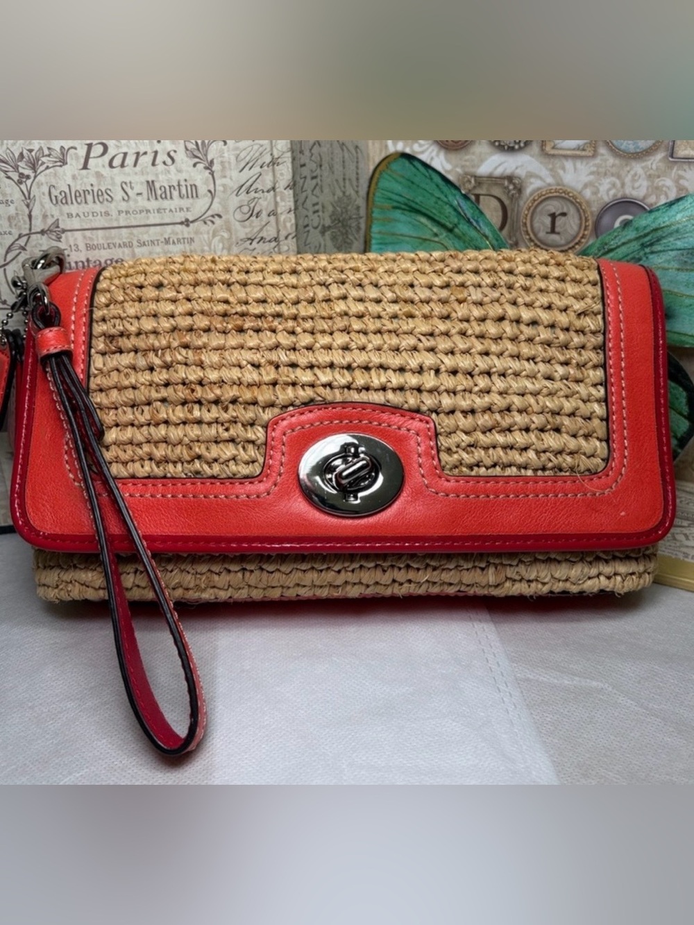 Coach Straw Raffia Woven Wristlet Clutch Wallet Bag #49103 EUC